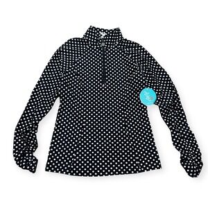 NEW Tzu Tzu Sara Top Womens Medium Black Dotty Polka Dot 1/4 Zip Long Sleeve USA